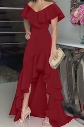 Solide Volant Off the Shoulder Unregelmäßige Kleid Kleider